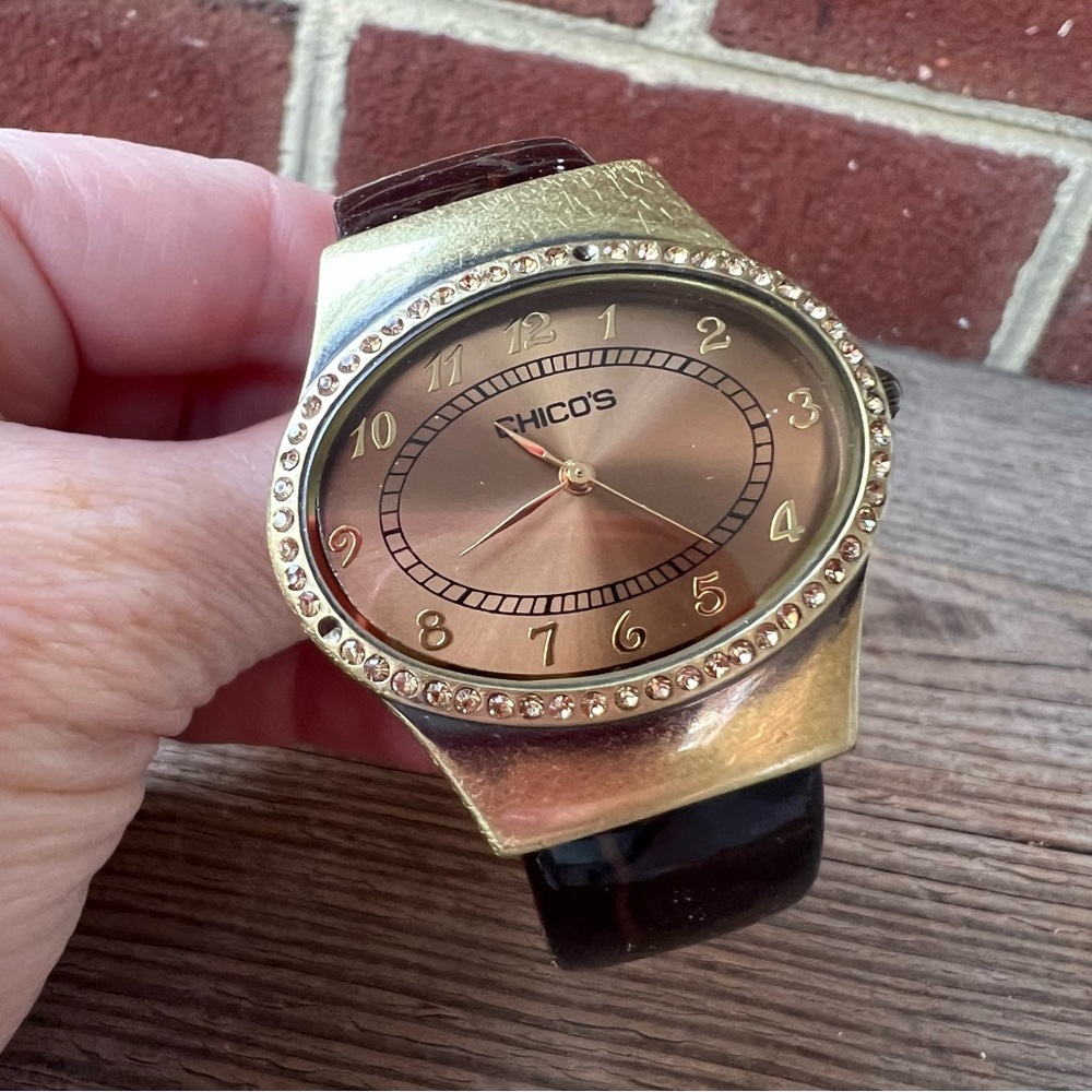 Chico’s Brown and Gold Bracelet Bangle Cuff Watch Crystals